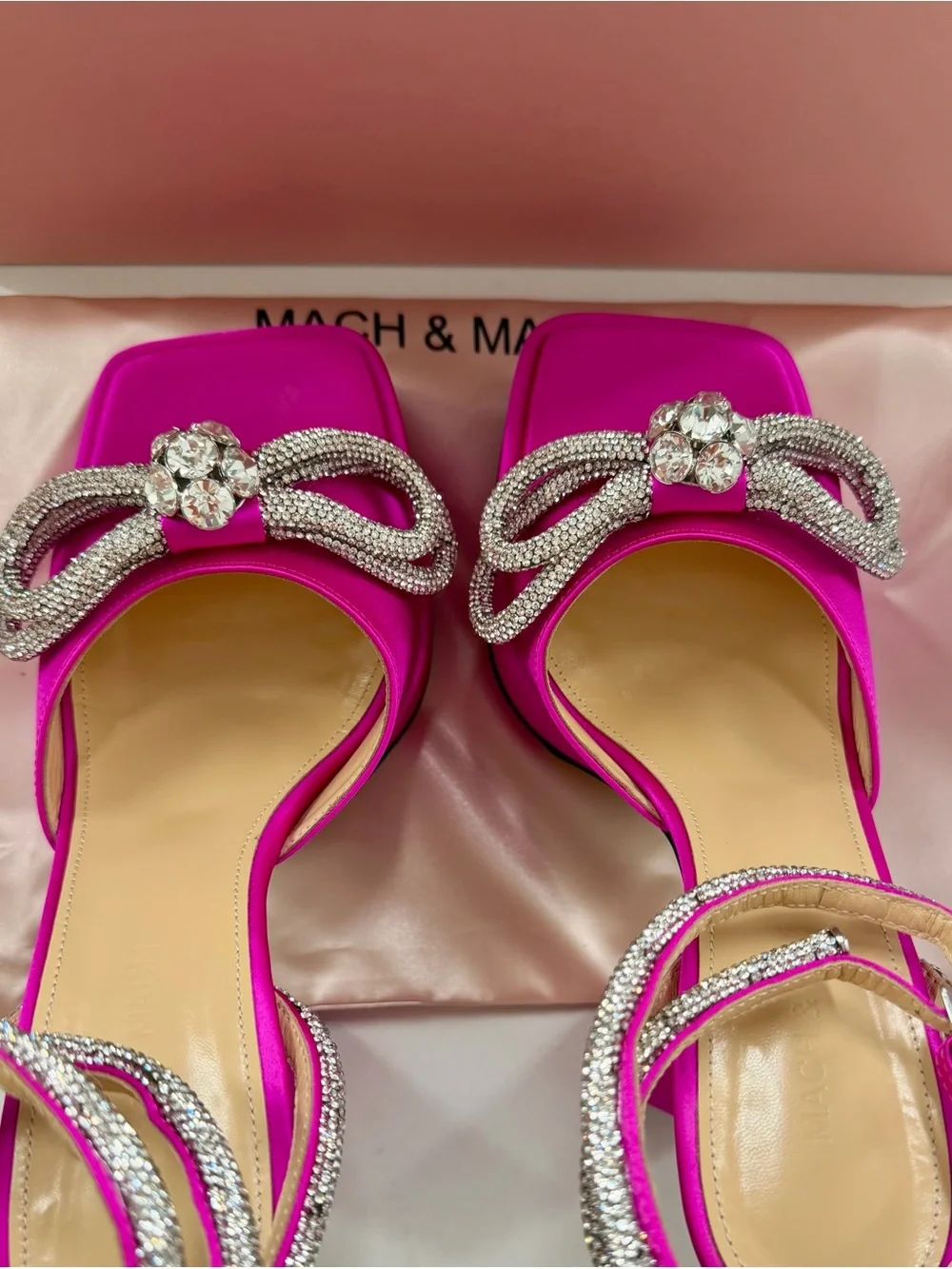 MACH & MACH - Double Bow - 140 Silk Ankle Strap Sandals - 38 - New - Fuchsia